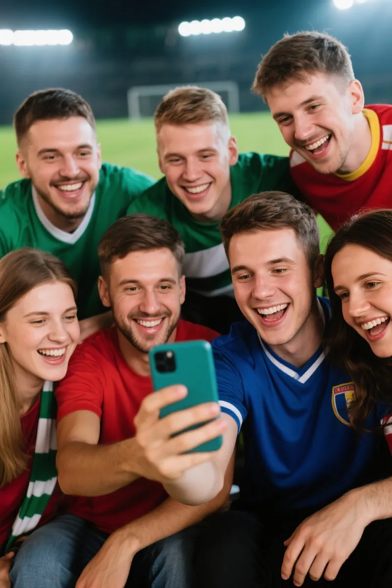 一群开心的球迷围观手机屏幕